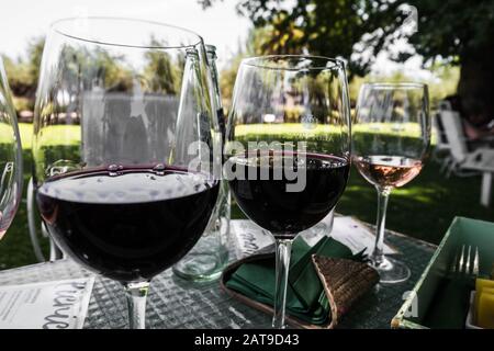 Bicchieri da vino con un tavolo da picnic e alberi sullo sfondo Foto Stock