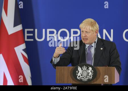 Bruxelles, Belgio. 18th ottobre 2019. Boris Johnosn, primo ministro del Regno Unito, parla di Brexit durante una conferenza stampa al Consiglio europeo, i leader europei dell’Unione europea si sono riuniti dopo il primo giorno del vertice dell’euro a Bruxelles, in Belgio. Credit: Nik Oiko/Sopa Images/Zuma Wire/Alamy Live News Foto Stock