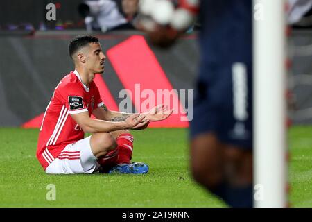 Lisbona. 31st Gen 2020. Chiquinho di SL Benfica festeggia dopo aver segnato durante la partita di calcio della Lega portoghese tra SL Benfica e Belenenses SAD a Lisbona, Portogallo, il 31 gennaio 2020. Credito: Pedro Fiuza/Xinhua/Alamy Live News Foto Stock