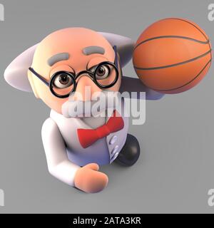 Divertente professore di scienziato pazzo giocando a basket, illustrazione 3d rendering Foto Stock