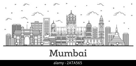 Profilo Mumbai India City Skyline Con Edifici Storici Isolati Su Bianco. Illustrazione Vettoriale. Città Bombay Con Punti Di Riferimento. Illustrazione Vettoriale