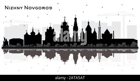 Nizhny Novgorod Russia City Skyline Silhouette Con Edifici Neri E Riflessi Isolati Su Sfondo Bianco. Illustrazione Vettoriale. Illustrazione Vettoriale