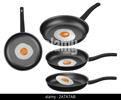 set di 3d di uova fritte in padella isolato su bianco Foto Stock