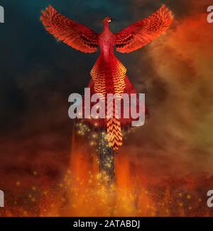 Leggendaria phoenix su una croce che torna viva dalle fiamme Foto Stock
