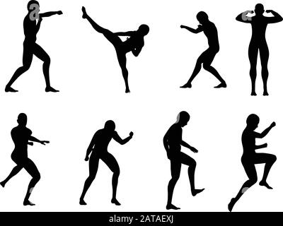 Silhouette Di Young Man Fight Poses - Set Vettoriale Di Cutouts Illustrazione Vettoriale