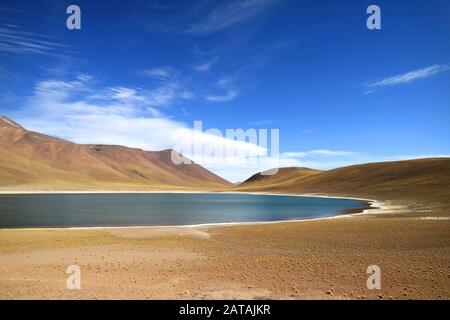 Laguna Miniques, una splendida laguna blu sull'altiplano della regione di Antofagasta, nel Cile settentrionale Foto Stock