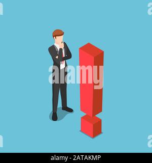 Appartamento 3d isometrico curioso imprenditore in piedi con punto esclamativo. Situazione aziendale difficile e concetto di cautela. Illustrazione Vettoriale