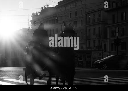 Roma, Italia - 2 gennaio 2020: Un cavallo e un giro in carrozza vicino al Colosseo nel centro di Roma, Italia. Foto Stock