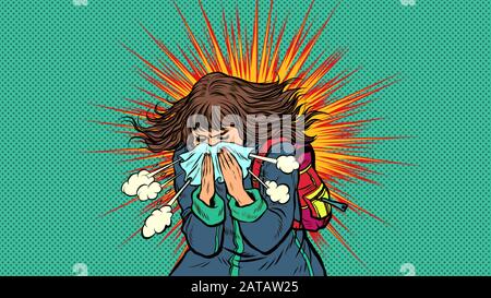La donna starnutisce, sintomi della malattia. Nuovo Wuhan coronavirus 2019-nCoV epidemia Illustrazione Vettoriale