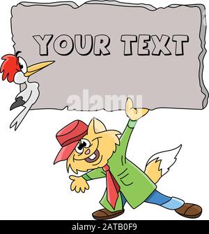 Cartone animato gatto indossando un cappotto verde, cappello rosso e un arco rosso cravatta che tiene un banner vuoto nelle sue mani vettore illustrazione Illustrazione Vettoriale
