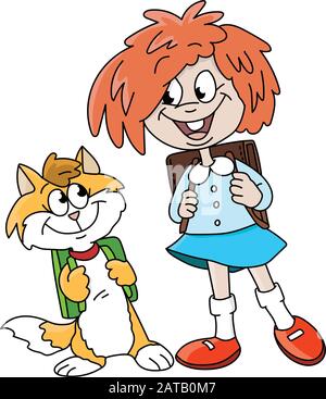 Cartoon ragazza e il suo amico gatto con i loro zaini andando a scuola vettore illustrazione Illustrazione Vettoriale