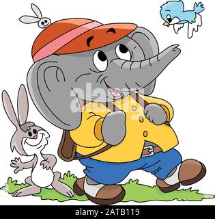 Elefante cartone animato con il suo zaino andare a scuola felicemente vettore illustrazione Illustrazione Vettoriale