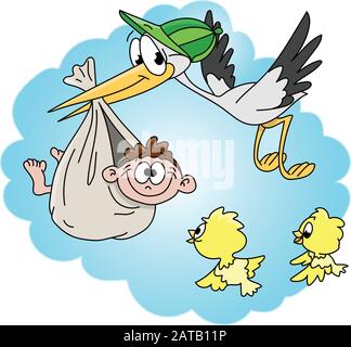 Cartoon stork che porta il neonato vettore immagine Illustrazione Vettoriale