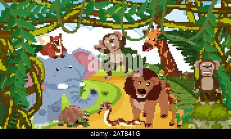 Scena di sfondo con molti animali in foresta illustrazione Illustrazione Vettoriale