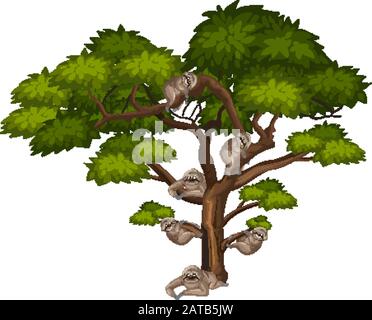 Grande albero e molti decleti su sfondo bianco illustrazione Illustrazione Vettoriale