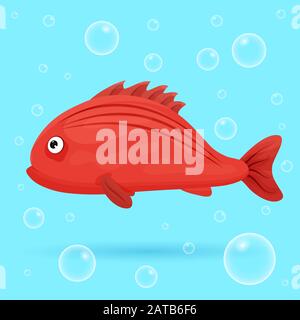 Cute pesci tropicali su sfondo blu con bolle. Pesce oceano dai colori vivaci. Fauna marina subacquea. Illustrazione del vettore. Illustrazione Vettoriale