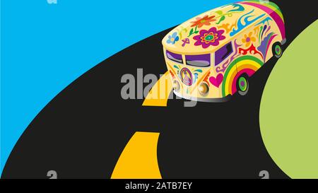 Autobus hippie colorato sullo sfondo modello strada Foto Stock
