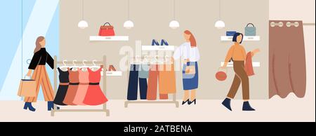 Cartone animato cliente femminile all'interno di abbigliamento alla moda negozio vettore piatto illustrazione Illustrazione Vettoriale