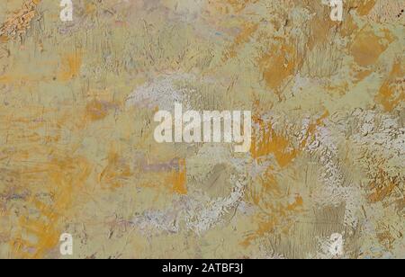 Sfondo astratto di giallo arancio tratti testurizzati, schizzi, gocce di vernice Foto Stock