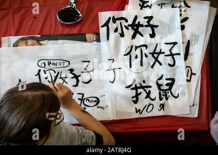 La ragazza russa impara a scrivere i caratteri cinesi durante la lezione di Calligraphy a Mosca, Russia Foto Stock