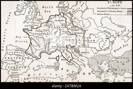 Una mappa dei libri scolastici britannica del 1910 che mostra l'Europa intorno all'800 d.C. Foto Stock