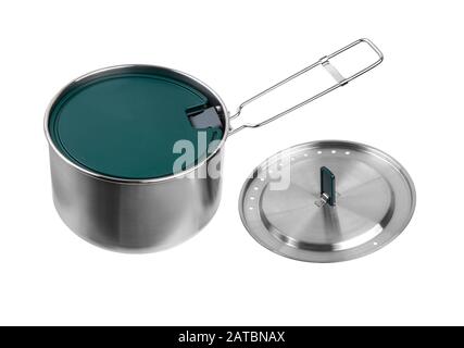 Set di Parabole campeggio isolare su uno sfondo bianco. Una vasta gamma di elettrodomestici per la cucina per cucinare all'aperto. Foto Stock