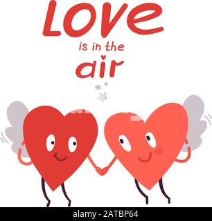 Simpatica illustrazione vettoriale isolata su bianco. Coppia innamorata. Due cuori sorridenti felici che volano e tengono le mani. Lettere. L'amore è nell'aria. Saluto Illustrazione Vettoriale