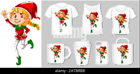 Tema Natale con elf sui modelli di prodotto illustrazione Illustrazione Vettoriale