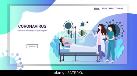 Coronavirus infettare il concetto di diagnosi di controllo medico con l'infermiere in maschere esaminare la malattia paziente sdraiato in letto epidemia MERS-cov influenza galleggiante wuhan 2019-nCoV full length copia spazio orizzontale vettore illustrazione Illustrazione Vettoriale