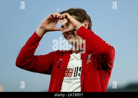 Selhurst Park, Londra, Regno Unito. 1st Feb, 2020. English Premier League Football, Crystal Palace vs Sheffield United; Sander Berge of Sheffield United ringrazia i fan per il loro supporto - Solo Per Uso strettamente editoriale. Nessun utilizzo con audio, video, dati, elenchi di fixture, logo club/campionato o servizi "live" non autorizzati. Uso on-line in-match limitato a 120 immagini, senza emulazione video. Nessun utilizzo nelle scommesse, nei giochi o nelle singole pubblicazioni club/campionato/giocatore credito: Action Plus Sports/Alamy Live News Foto Stock