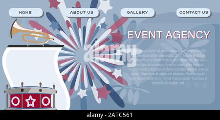 Modello del sito aziendale dell'agenzia eventi. Design del poster dell'intestazione della gestione degli eventi. Illustrazione vettoriale dei servizi di pianificazione degli eventi Illustrazione Vettoriale