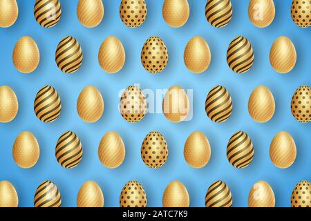 Pasqua sfondo festivo. Modello di uova d'oro realistiche con un motivo su uno sfondo blu. Illustrazione del vettore. EPS 10 Illustrazione Vettoriale