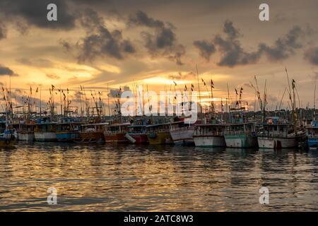 Le barche da pesca sono ormeggiate al tramonto, Sri Lanka. Panorama panoramico di vecchie navi di legno in serata. Barche tradizionali etniche ormeggiate in un porto di pesca. Vint Foto Stock