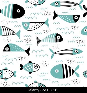 Modello senza cuciture con pesci creativi e colorati Illustrazione Vettoriale