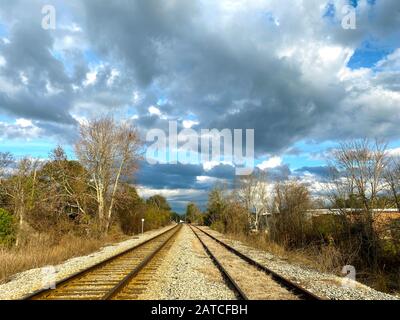 una serie di 2 binari ferroviari che conducono in lontananza in una giornata torbida Foto Stock
