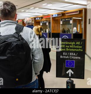 Aeroporto Di Dublino, Irlanda. 01/02/2020. I titolari di passaporti britannici (principalmente dall’Irlanda del Nord) sono in grado di attraversare l’aeroporto di Dublino il primo giorno della Brexit senza problemi Foto Stock
