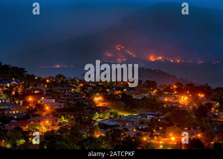 Orroral Valley Bushfire, Canberra, Australia, 01 febbraio 2020. Il fuoco di fuoco fuori controllo sta minacciando il sobborgo di Canberra di Banks.Firefighters stanno lavorando instancabilmente per cercare di contenere il fronte di fuoco e impedire che raggiunga le aree popolate. Le luci del sobborgo di Banks si possono vedere contro il bagliore del fuoco nelle colline vicine. Credit: FoxTree gfx/Alamy Live News Foto Stock