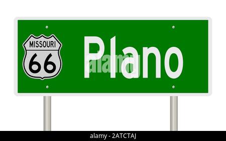 Resa di un cartello verde dell'autostrada 3d per Plano Missouri sulla Route 66 Foto Stock
