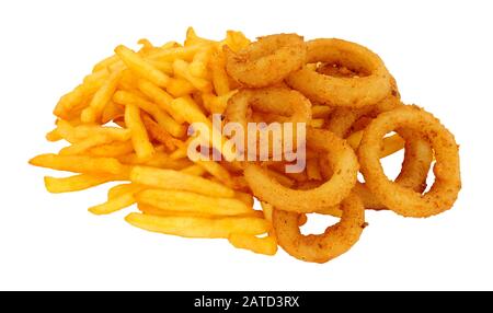 Patatine fritte e anelli di cipolla fritti isolati su uno sfondo bianco Foto Stock