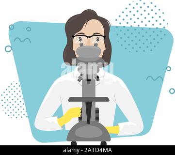 Chimico biologo in un camice bianco con un microscopio in laboratorio. Ricerca e invenzione di vaccini. Malattia virale. Epidemia. Illustrazione Vettoriale