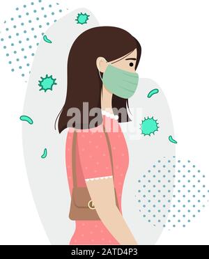 Una ragazza in una maschera medica protettiva protegge da infezioni. Malattia virale. Epidemia. Illustrazione Vettoriale