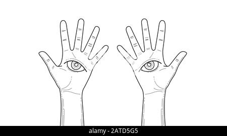 Mani spirituali con occhio allvedente attinto sulle palme Foto Stock