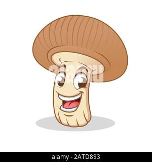 Happy Champignon Mushroom, Funghi Commestibili, Cartoon Vector Illustration Mascot, In Isolato Sfondo Bianco. Illustrazione Vettoriale