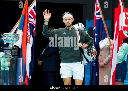 Melbourne, Australia. 02nd Feb, 2020. Dominic Thiem d'Austria entra nello stadio per la finale maschile di Singles all'ATP Australian Open 2020 al Melbourne Park di Melbourne, Australia, il 2 febbraio 2020. Foto Di Peter Dovgan. Credit: Uk Sports Pics Ltd/Alamy Live News Foto Stock