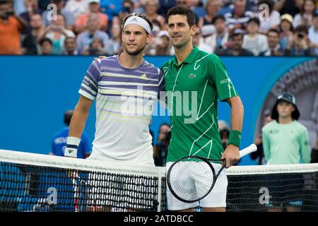 Melbourne, Australia. 02nd Feb, 2020. Novak Djokovic di Serbia e Dominic Thiem d'Austria al Men's Singles Final all'ATP Australian Open 2020 al Melbourne Park di Melbourne, Australia, il 2 febbraio 2020. Foto Di Peter Dovgan. Credit: Uk Sports Pics Ltd/Alamy Live News Foto Stock