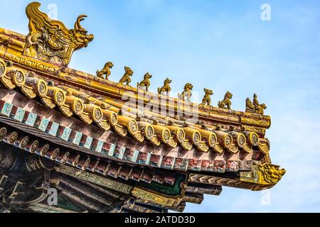 Cina, Pechino, Città Proibita Diversi elementi di design degli edifici colorati tetti primo piano dettagli. Foto Stock