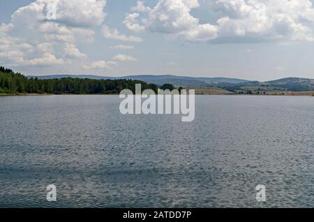 Vista generale del lago artificiale di Vlasina circondato da una pineta in estate, sud-est della Serbia, Europa Foto Stock