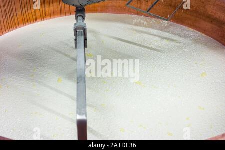 Lavorazione del formaggio Gruyere de Comte in latteria francese Foto Stock