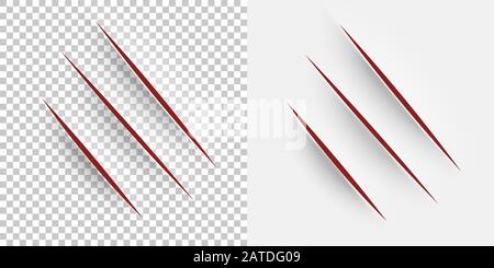 Tagliare la carta. Taglio realistico con un coltello da ufficio sul foglio di carta. Artigli animali graffi. Incisione vettoriale su sfondo bianco e trasparente Illustrazione Vettoriale