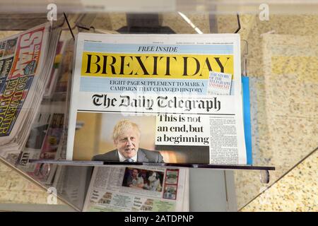 Quotidiano Telegraph Brexit Day prima pagina titoli principali Londra Inghilterra UK 2020 Foto Stock